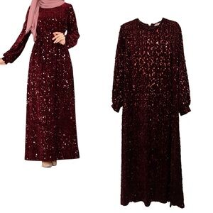 NEW MODA SELVIM Burgundy Allover Sequin Long Sleeve Maxi Dress